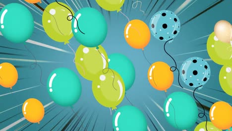 Animation-Von-Bunten-Luftballons,-Die-über-Blauen-Hintergrund-Fliegen