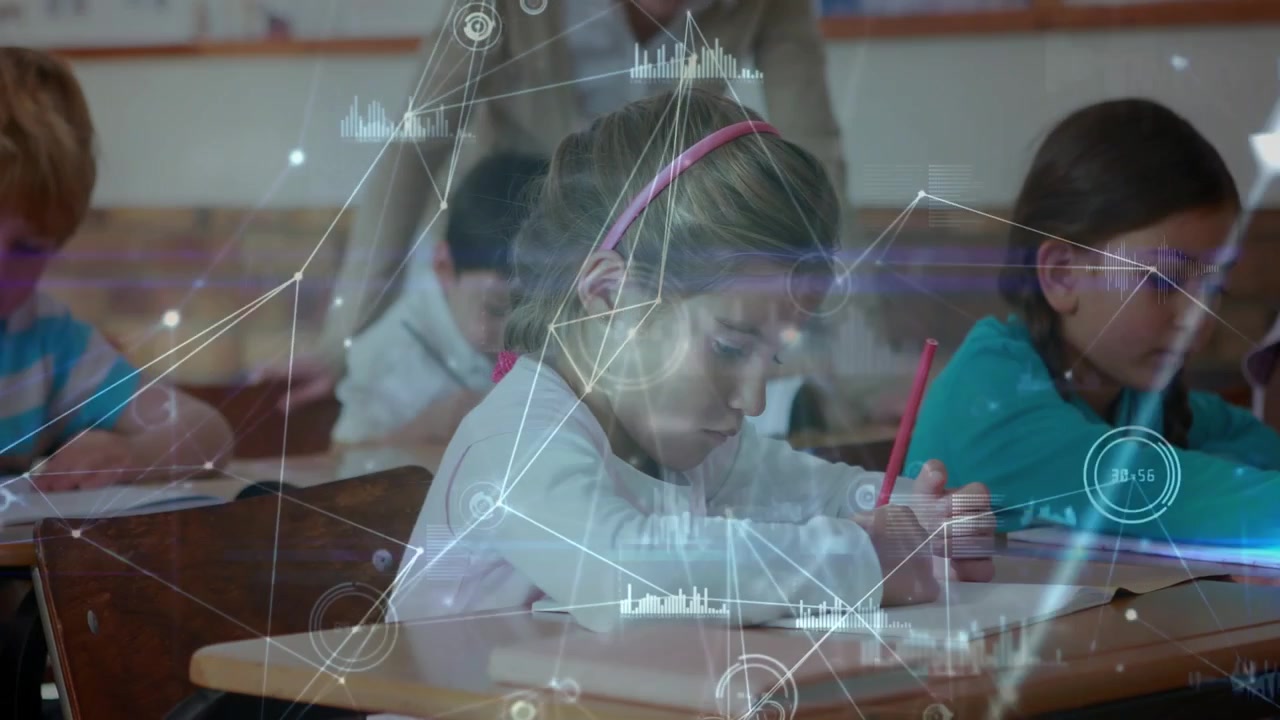 Elementary School Students Writing in Classroom with Digital Data Overlay