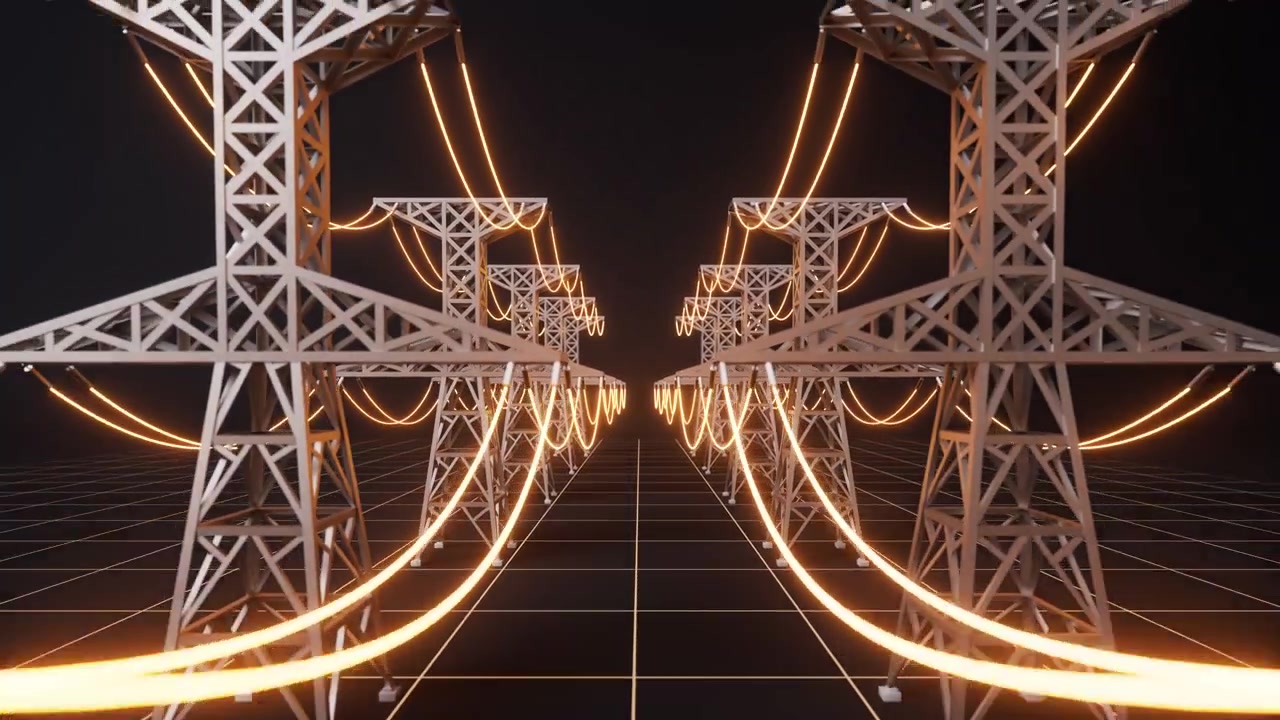 Linee elettriche tra i tralicci di trasmissione, rendering 3D