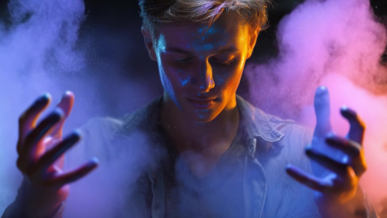 Una persona giovane si erge in mezzo a fumo colorato, con le mani tese, creando un'atmosfera magica piena di tonalità vivaci ed energia accattivante.