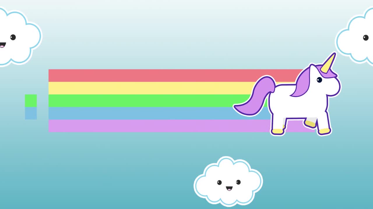 animación de unicornio caminando con arco iris 4k
