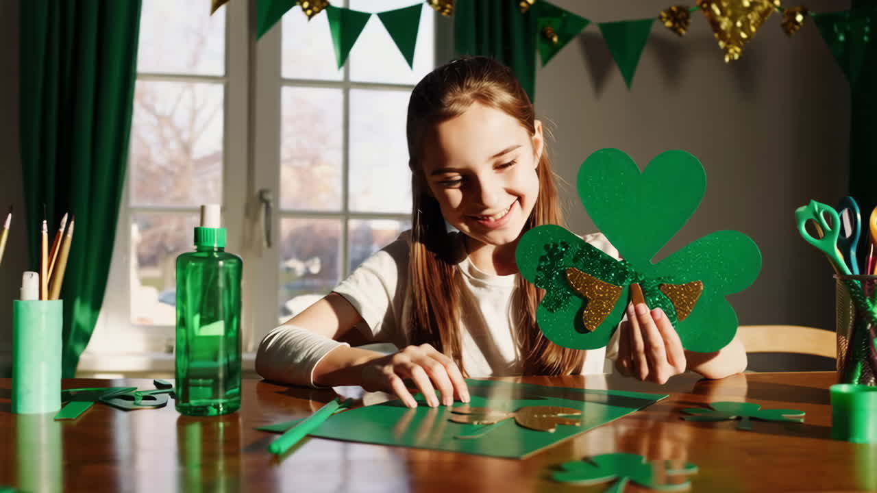 Girl Making St. Patrick's Day Shamrock Craft