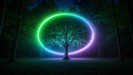 a mystical tree illuminated by vibrant light circles in a dark forest landscape, creating a magical atmosphere with neon colors in harmony with nature