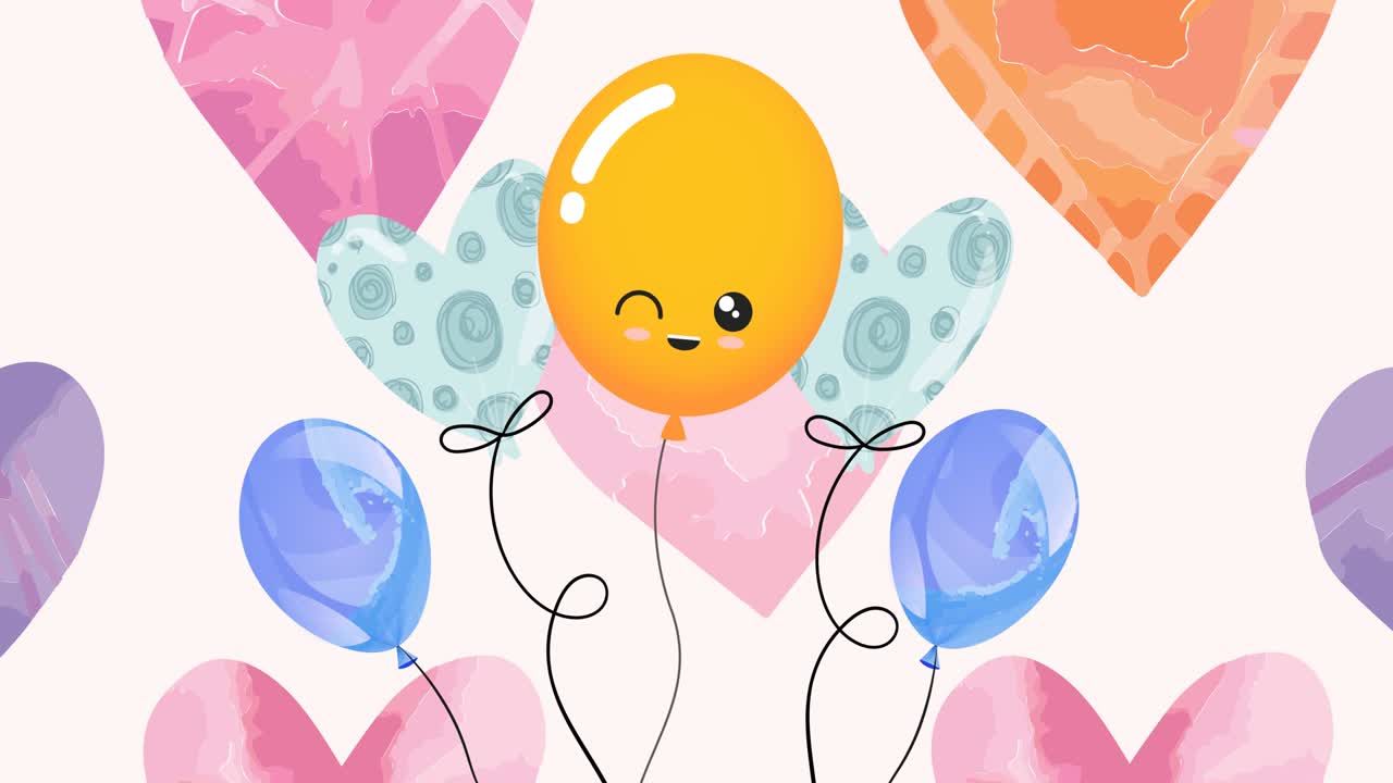 분홍색 배경 에 있는 다채로운 풍선 과 심장 의 애니메이션