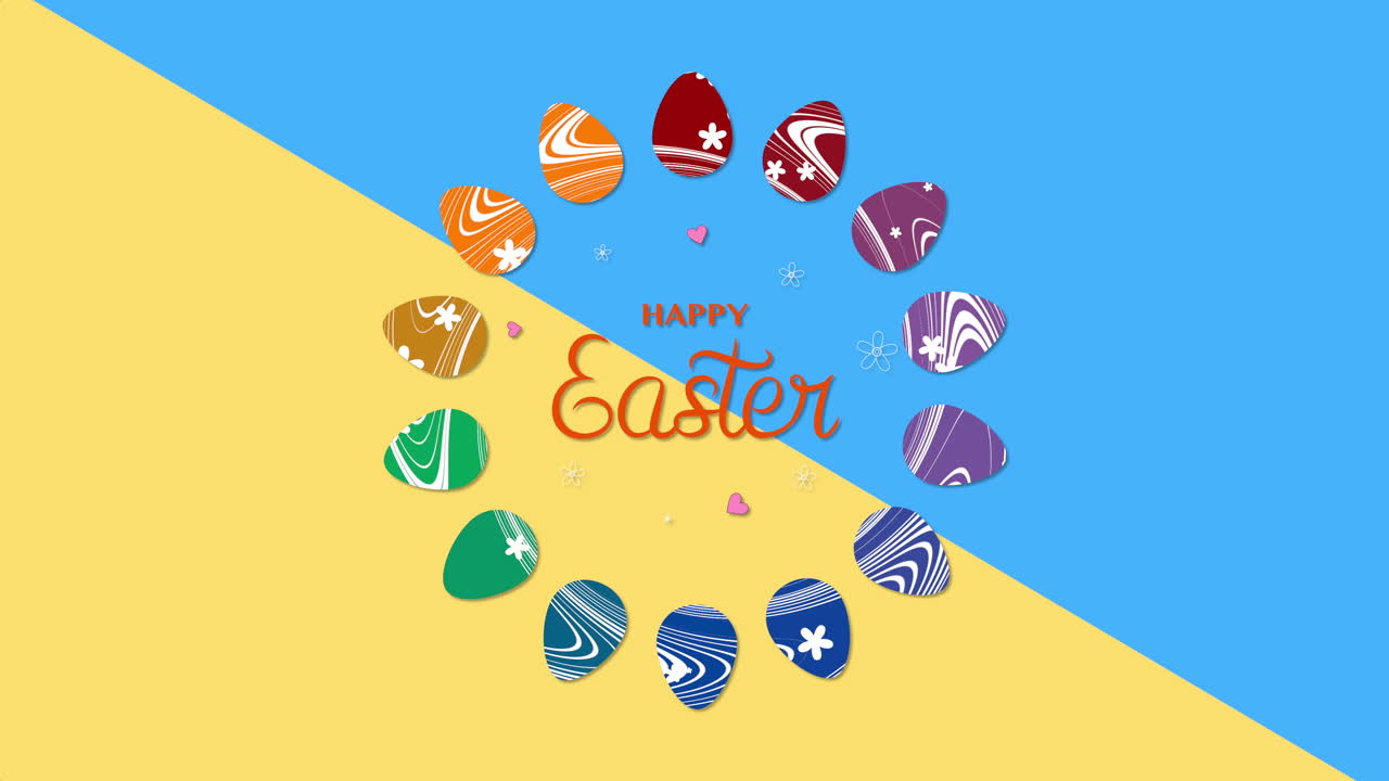 노란색과 파란색 현기증 2에 애니메이션 근접 촬영 행복한 부활절 텍스트와 계란