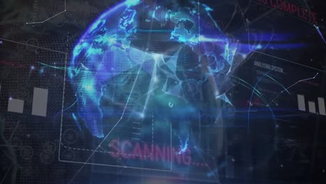 animation of data processing, globe and network of connections