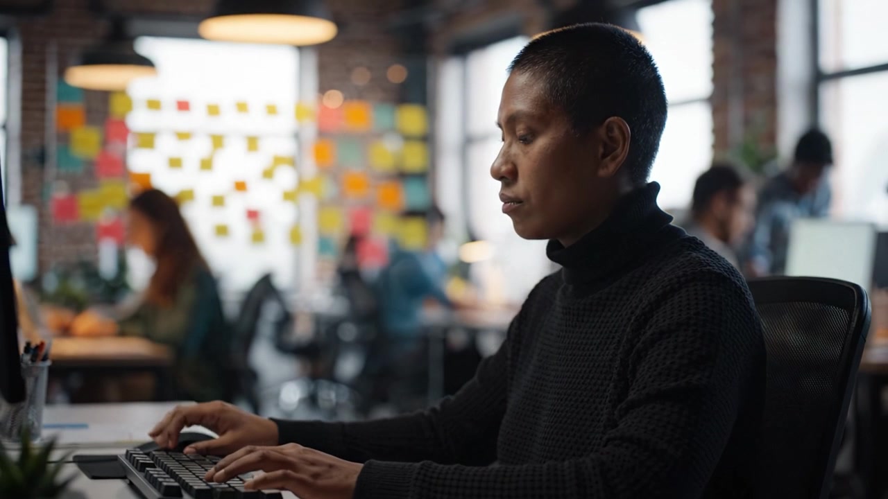 Focused Individual Typing on Computer in a Modern Office Space with a Collaborative Atmosphere and Colorful Sticky Notes in the Background Enhancing Creativity
