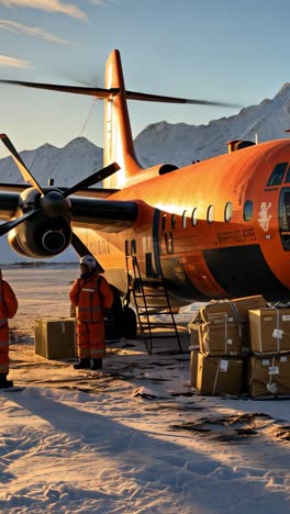 delivery operation at a remote arctic base during golden hour