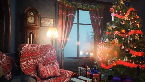 a festive atmosphere on new year's eve with a festive christmas tree and garlands as a snowstorm rages outside the window. the looped animation is ideal for christmas and new year's eve backgrounds.