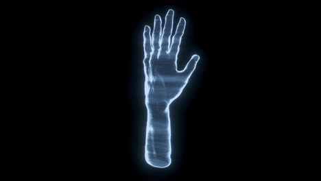 animation of holographic hand on black background