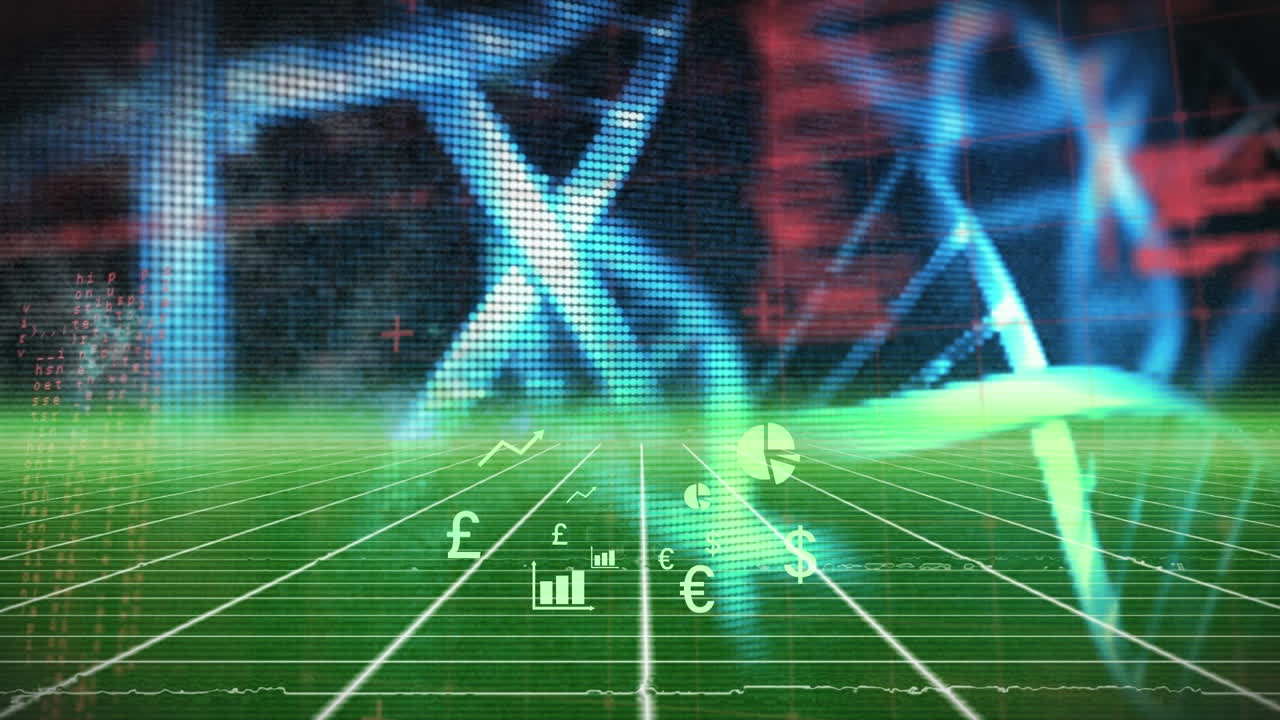 녹색 그리드 네트워크에서 회전하는 dna 구조에 대해 떠다니는 디지털 아이콘의 애니메이션