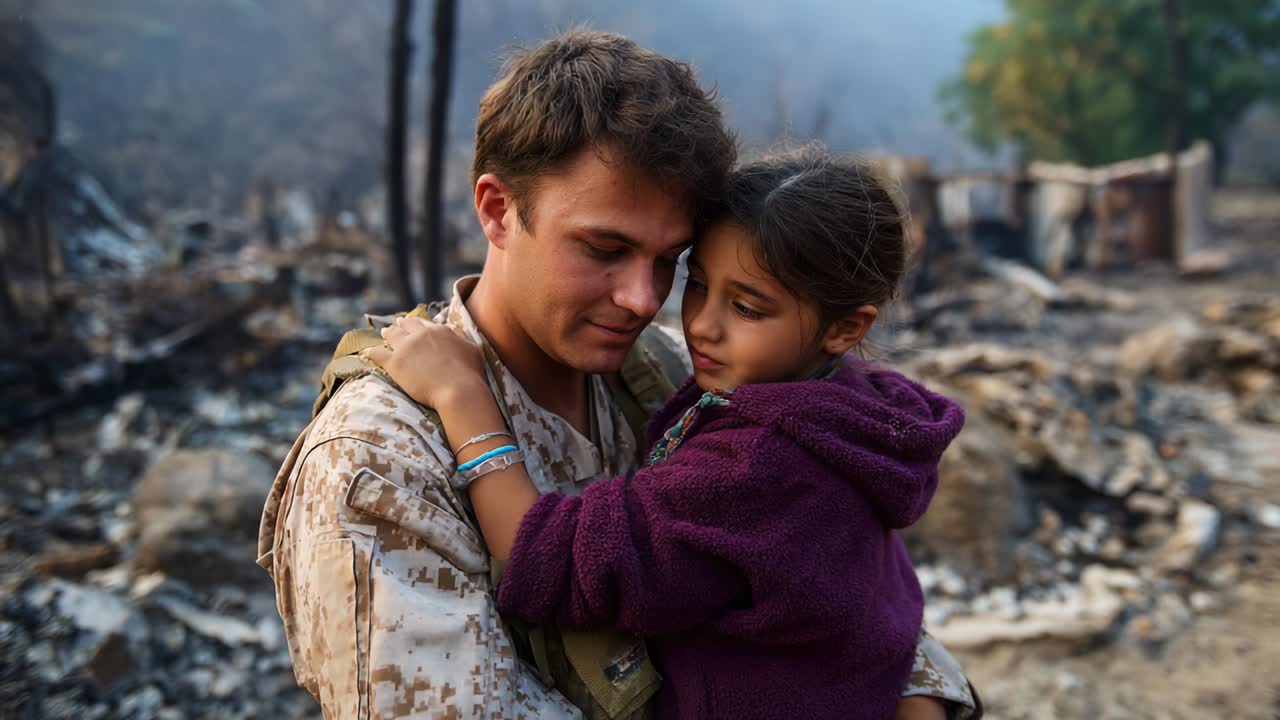 A Heartwarming Embrace Between a Soldier and a Young Girl in the Aftermath of a Devastating Fire. Their Connection Represents Hope Amidst Destruction, Showcasing Resilience and Compassion in Difficult Times