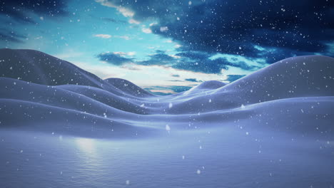 Snow-falling-in-a-calm-snowy-landscape-at-night