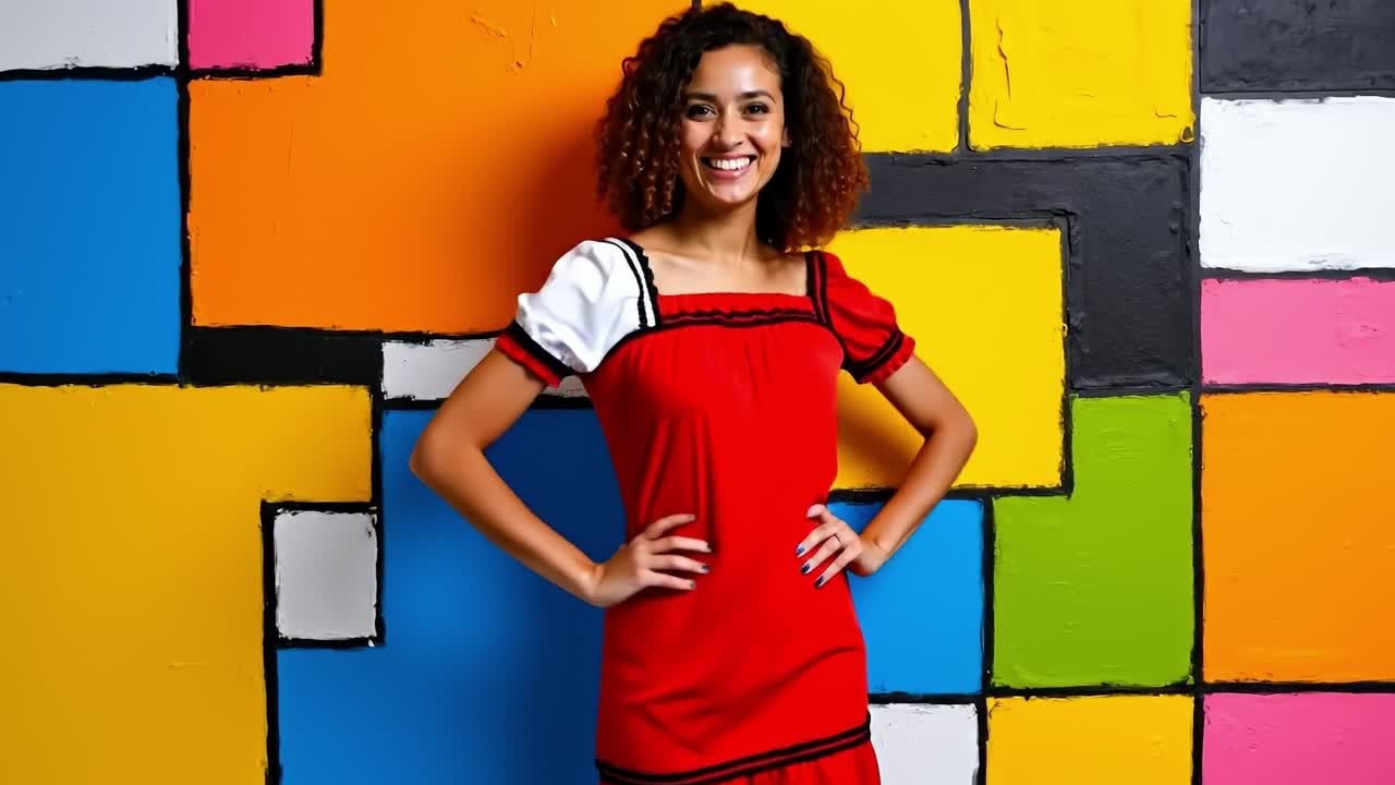 A woman in a red dress standing in front of a colorful wall