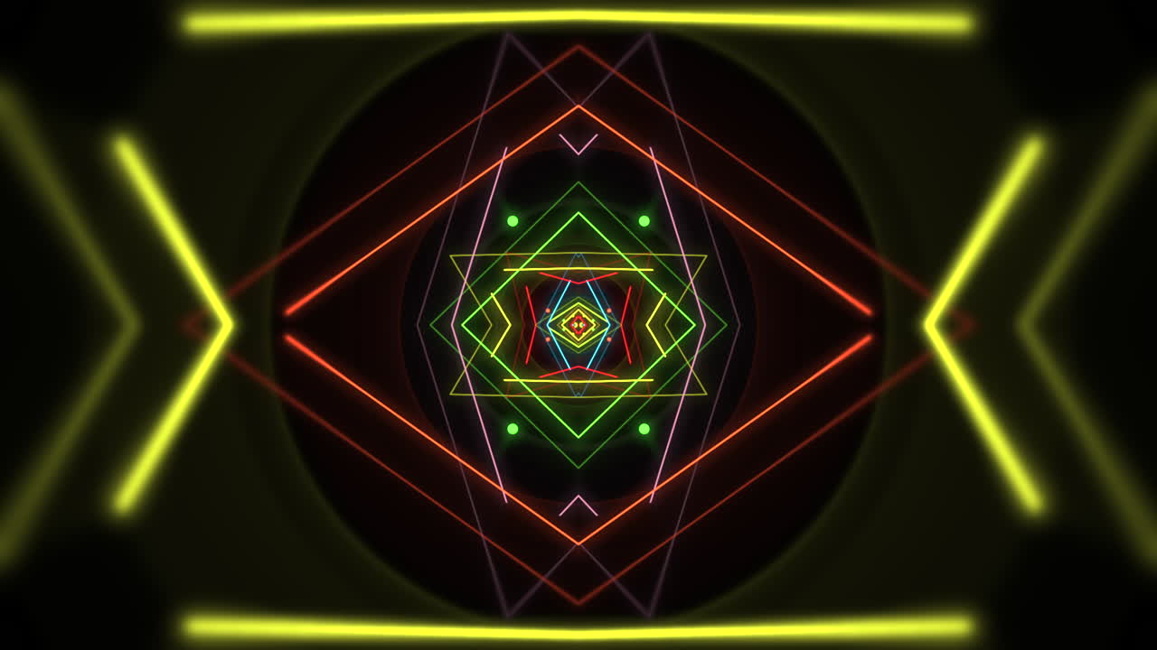 Forme geometriche neon arcobaleno in uno spazio buio