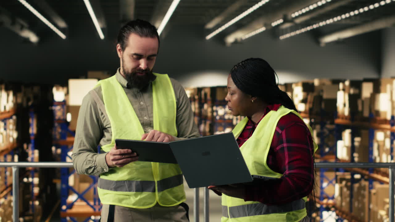 Addetti al magazzino che discutono di inventario e logistica con portatile e tablet