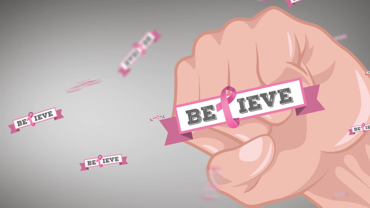 주먹에 나타나는 믿는 텍스트와 함께 여러 분홍색 리본 로고의 애니메이션