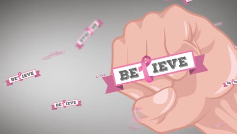 animation of multiple pink ribbon logo with believe text appearing on fists