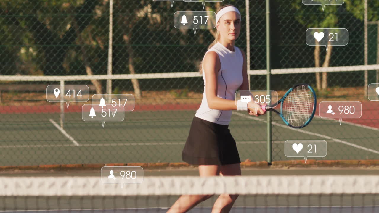 Woman holding racket on outdoor court, showcasing floating social media marketing technology icons