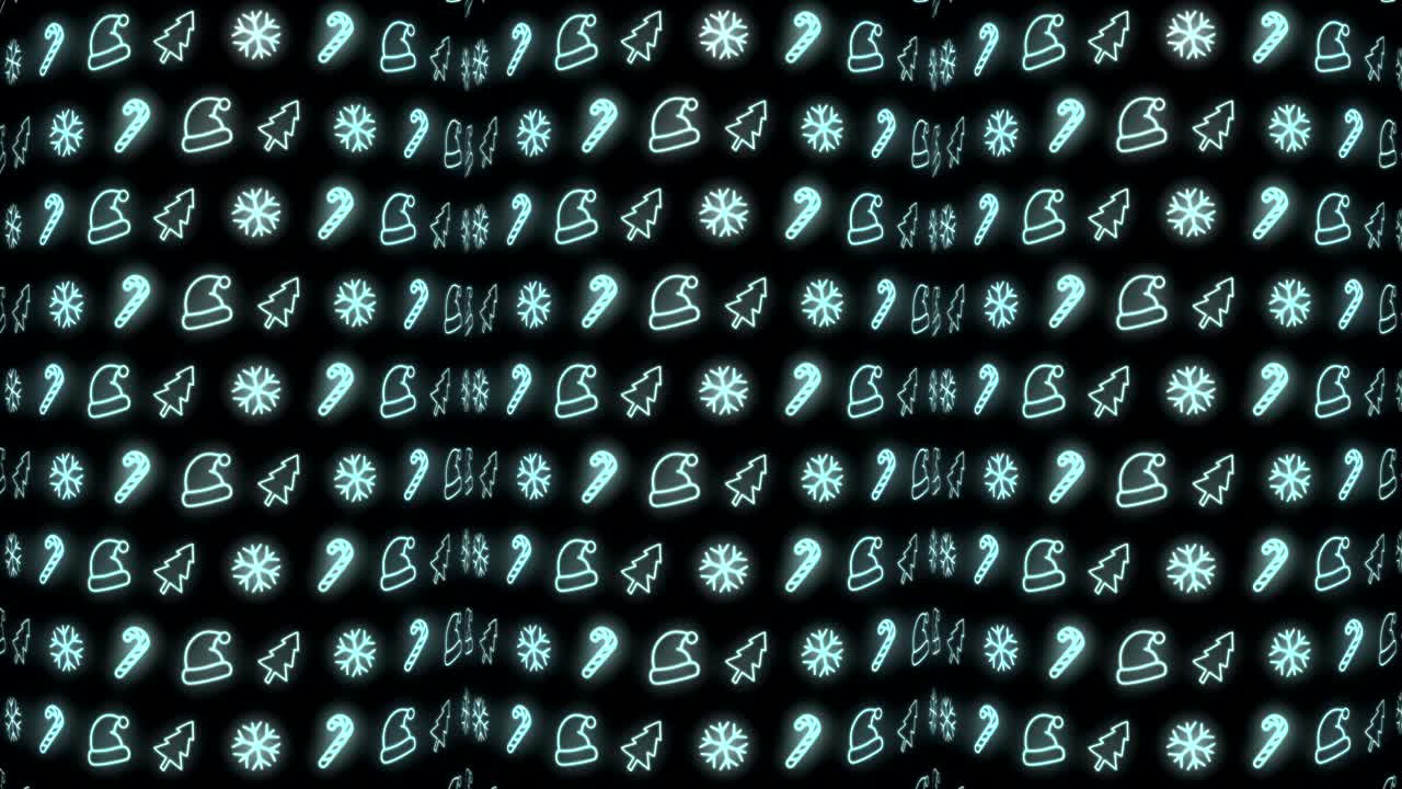 fondo de patrón de navidad de neón de árbol de navidad, copo de nieve, sombrero de santa y bastón de caramelo en animación de bucle cian y negro
