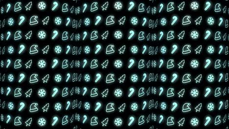 Neon Christmas Pattern Background of Christmas Tree, Snowflake, Santa Hat and Candy Cane in Cyan and Black Looping animation