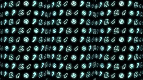 neon christmas pattern background of christmas tree, snowflake, santa hat and candy cane in cyan and black looping animation