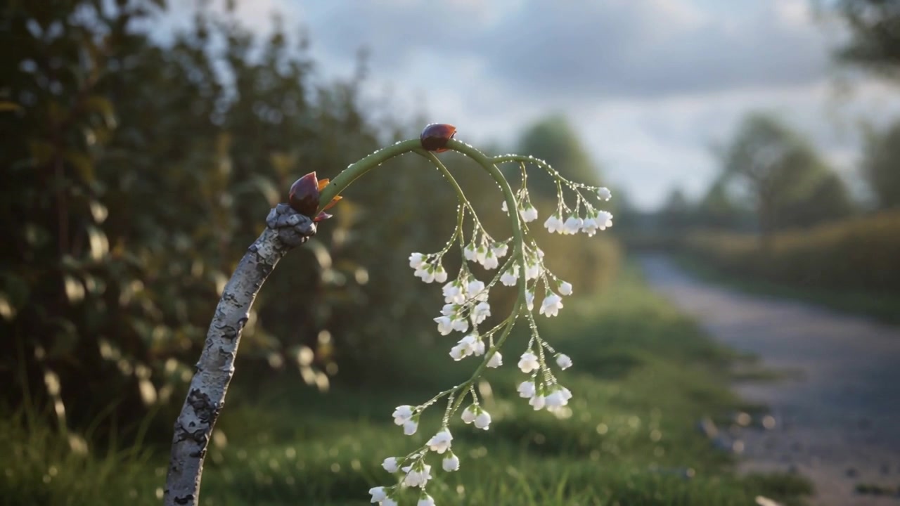 Svajende birkelignende stamme med hvide blomster ved landlig vejrabat fra let brise, dug og rød bille