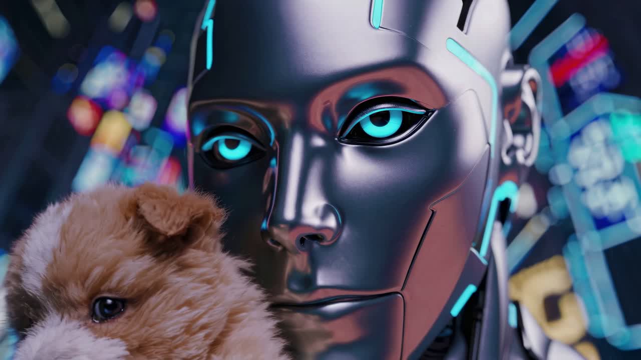 Robot and Puppy in a Futuristic Cityscape