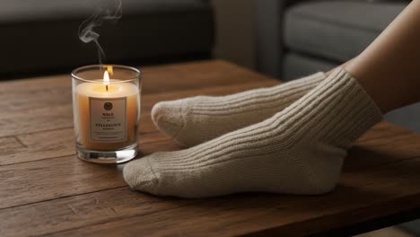 cozy scene: feet in warm socks by a scented candle
