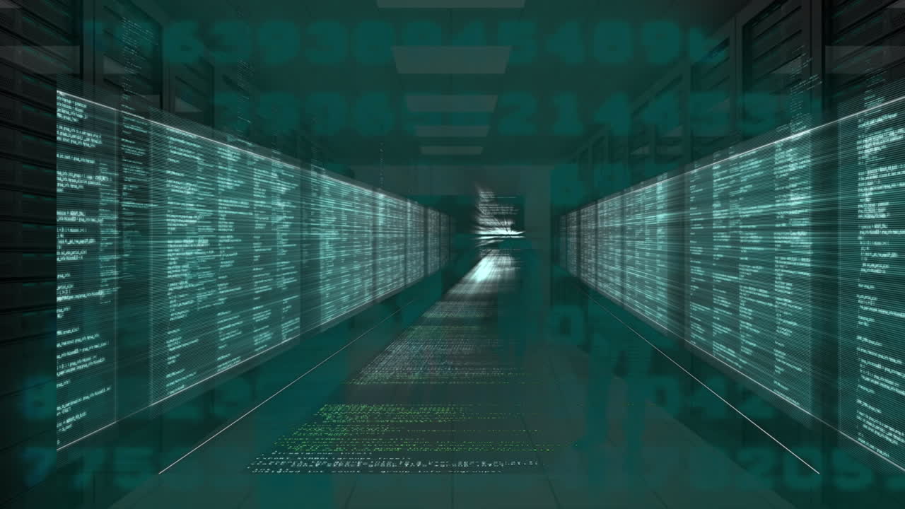 Silhouettes of businesspeople against screens with data processing against computer server room