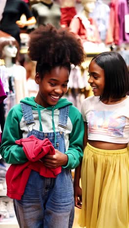 two young girls are standing in a store, smiling and holding clothes