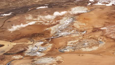aerial view of hverir’s sulfur vents, mud pots, and steaming fumaroles. námafjall, iceland