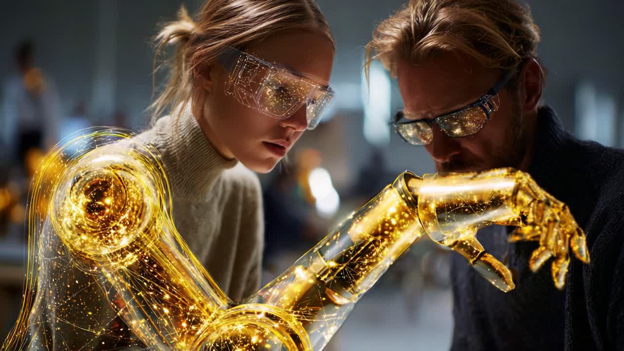 Colaboración innovadora: una mujer y un hombre interactúan con un brazo robótico dorado futurista en un entorno de alta tecnología, mostrando la fusión del intelecto humano y la tecnología avanzada en acción