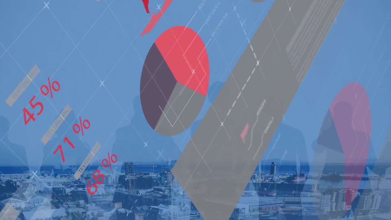 금융 데이터, 숫자, 그래프의 애니메이션은 비즈니스 사람들의 그림자와 함께 도시 풍경에 대해 움직입니다.