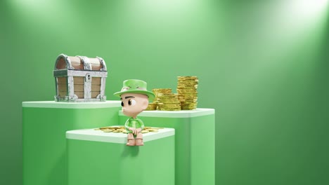 día de san patricio irlanda concepto enano irlandés sentado en un pedestal para el producto exhibición de comercio electrónico en línea con tesoro de oro y moneda de dinero