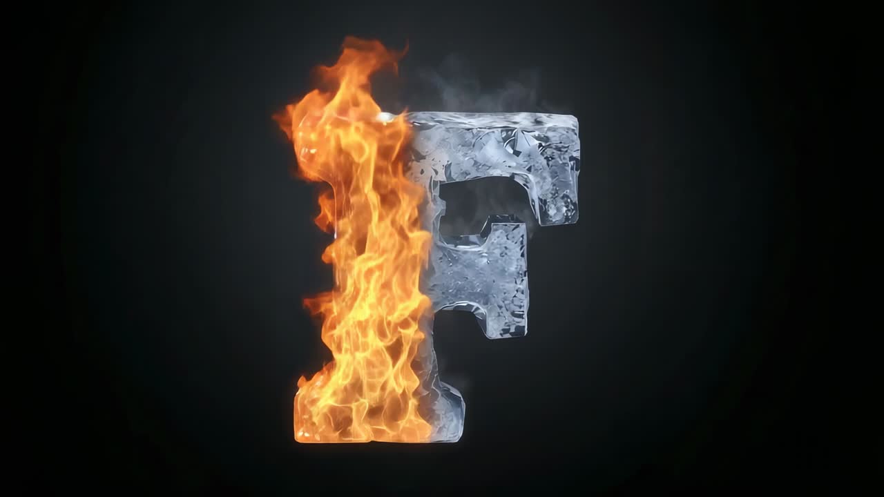 Metallic letter F bursting left half into flames and freezing half in void, with vapor wisps
