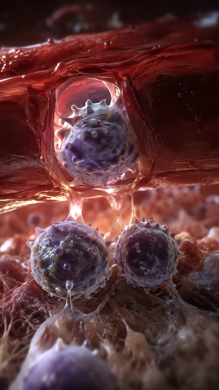 Microscopic scene with glossy purple spherical cells interacting with reddish tubular band, translucent gelatinous membrane, fibrous matrix, clustered forms, organic texture, and strong depth in