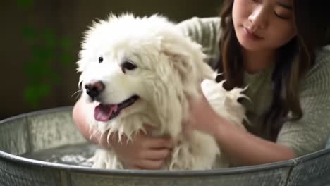 a heartwarming moment between a person and their fluffy dog during a relaxing bath in a basin, showcasing the bond of care and affection in a serene setting