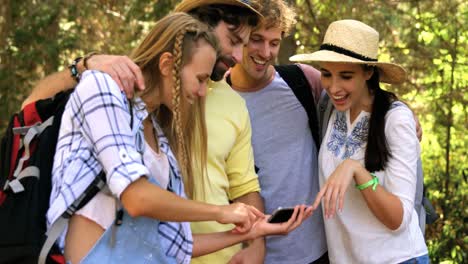 hiker couples watching smartphone