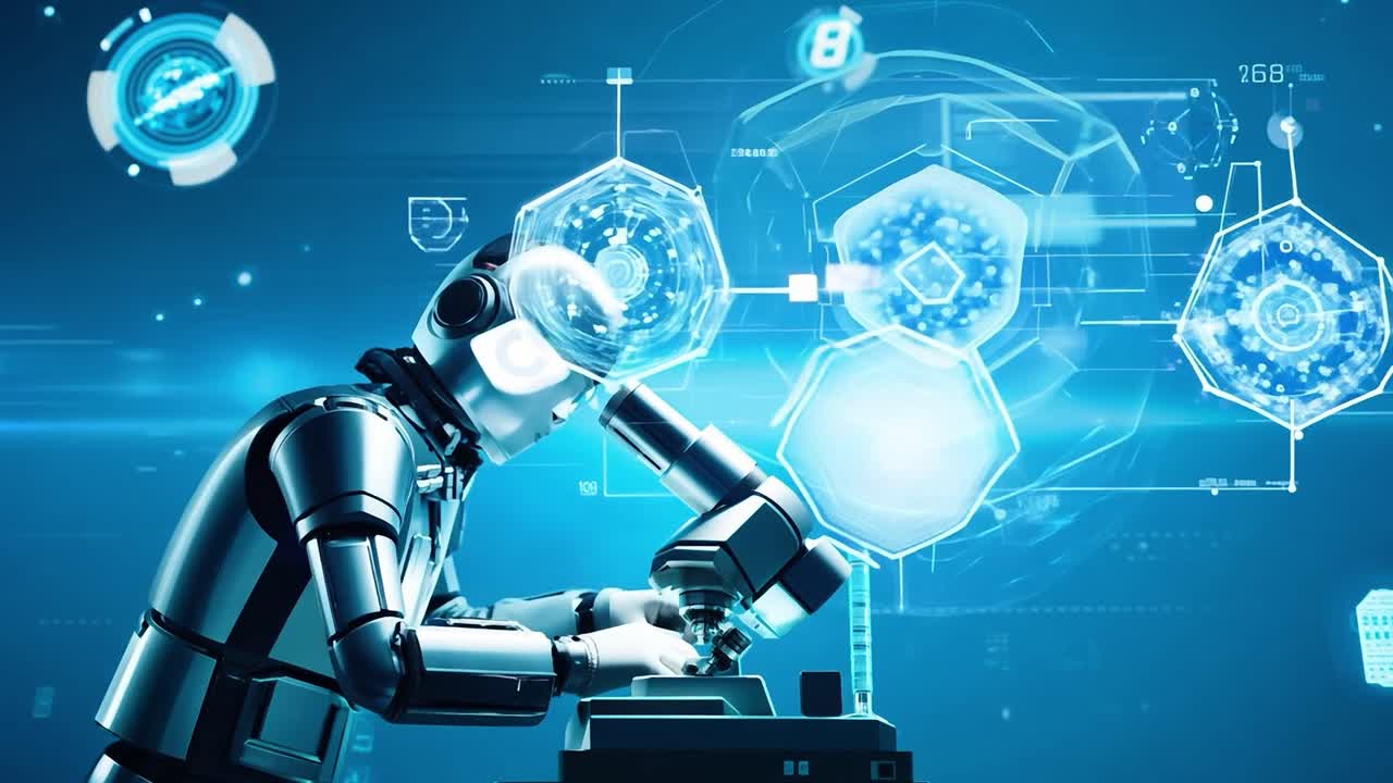 로 과학자가 미래의 실험실에서 현미경을 사용하고 있습니다.