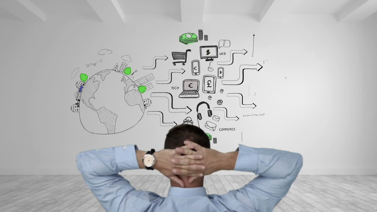 hombre de negocios viendo la tormenta de ideas de negocios aparecen