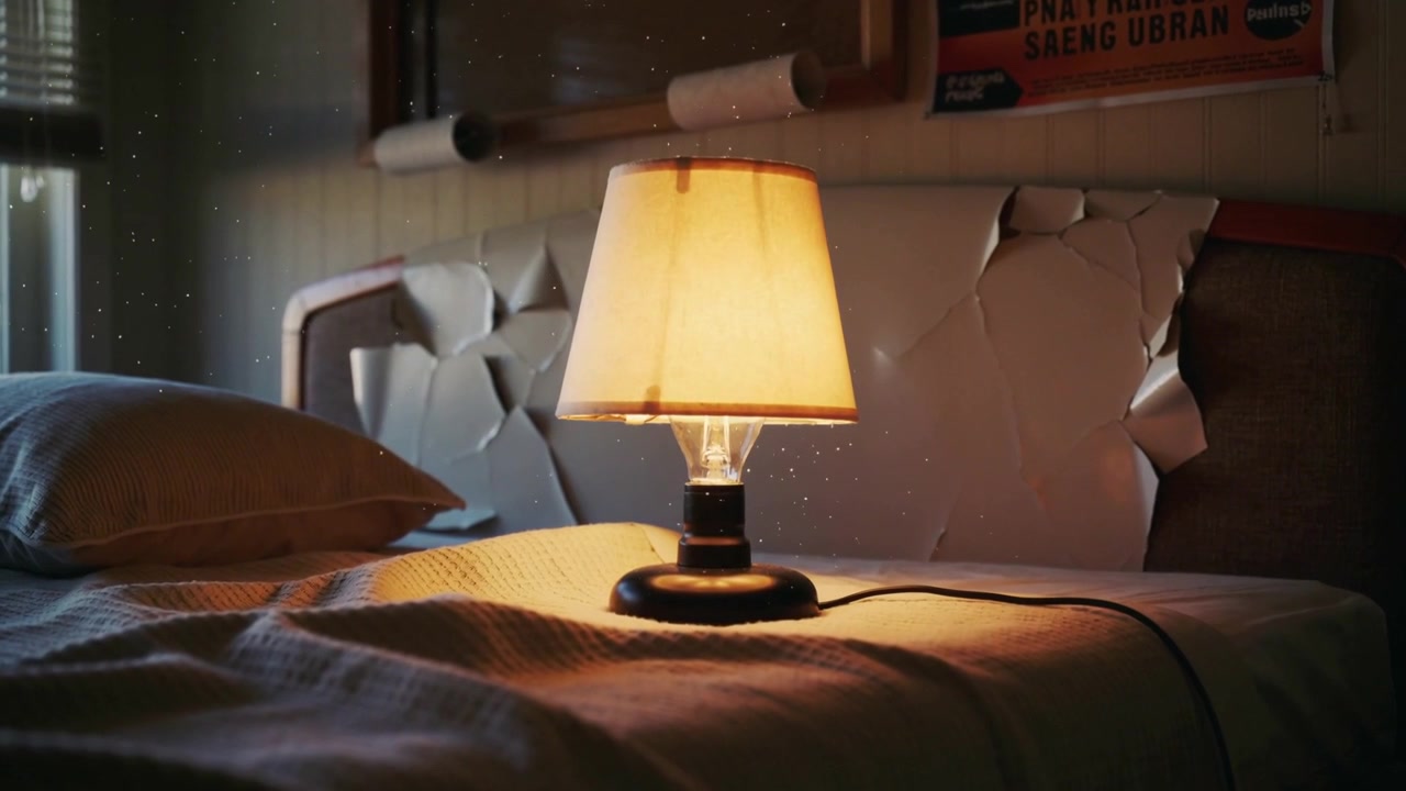 Being lit table lamp casting warm amber light across bed in bedroom at home, peeling headboard
