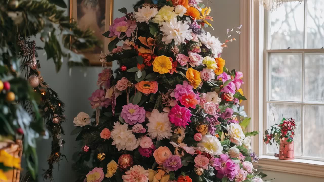 Colorful christmas tree decorated with flowers and leaves, with golden and bronze christmas balls, illuminated by string lights, in a classic style living room with fireplace and window