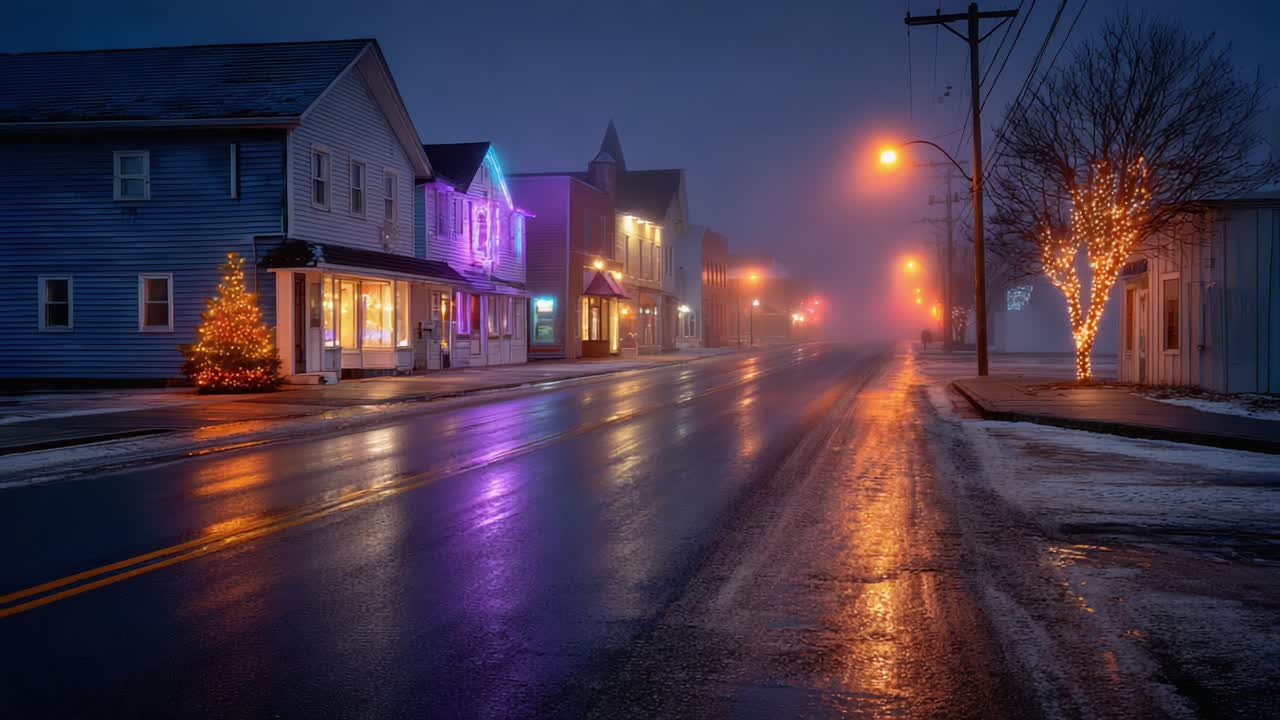 A Serene Winter Night: Captivating Colors and Soft Glow of Streetlights in a Foggy Town, Showcasing a Tranquil Scenery with Festive Decorations