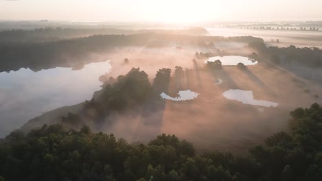 misty sunrise over lakes and forest