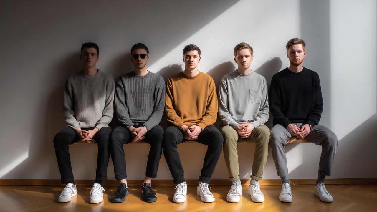 A Stylish Group of Five Young Men Sitting in a Row, Each in Different Casual Attire, Bathed in Natural Light from a Window, Against a Minimalist Background