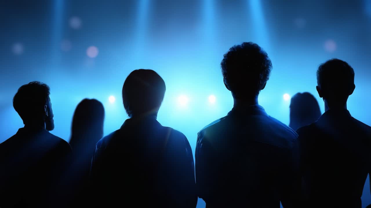 Sagome di Persone Contro un'Esposizione di Luci Vibrante: Un Momento Accattivante che Mostra Individui Diversi Impegnati in un'Esperienza Illuminata.