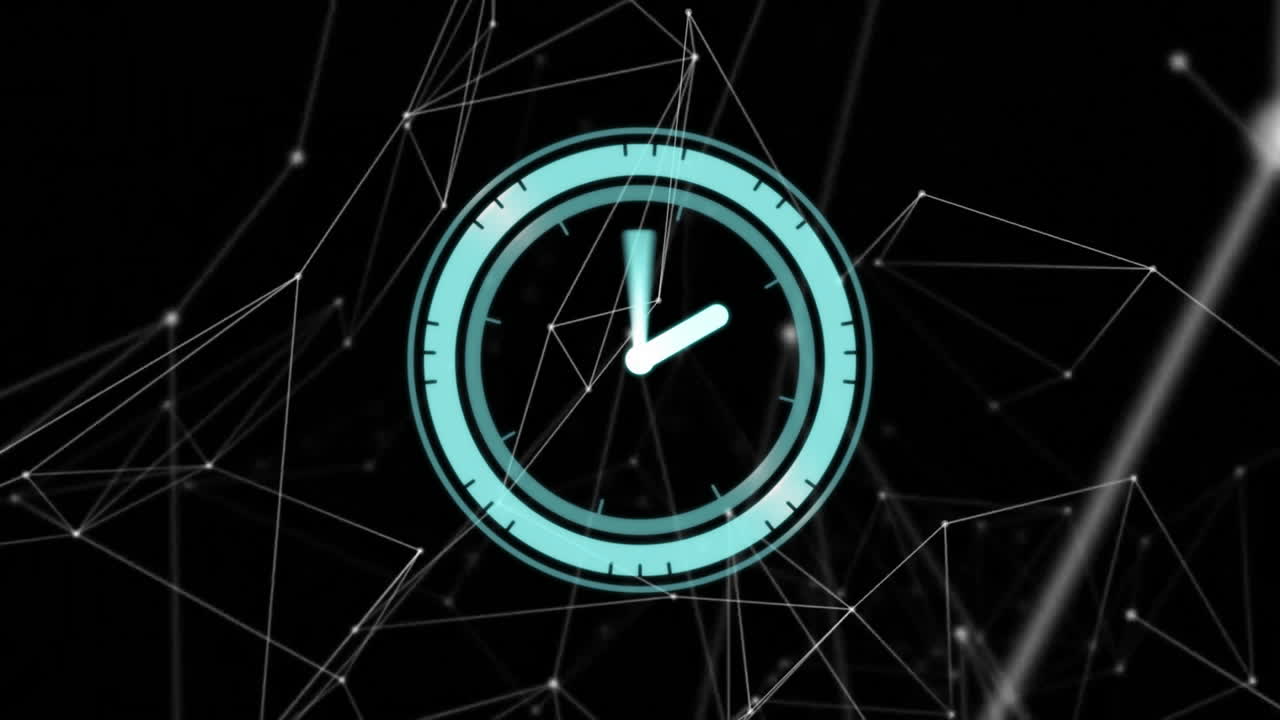 Clock animation over network of interconnected lines and nodes on black background