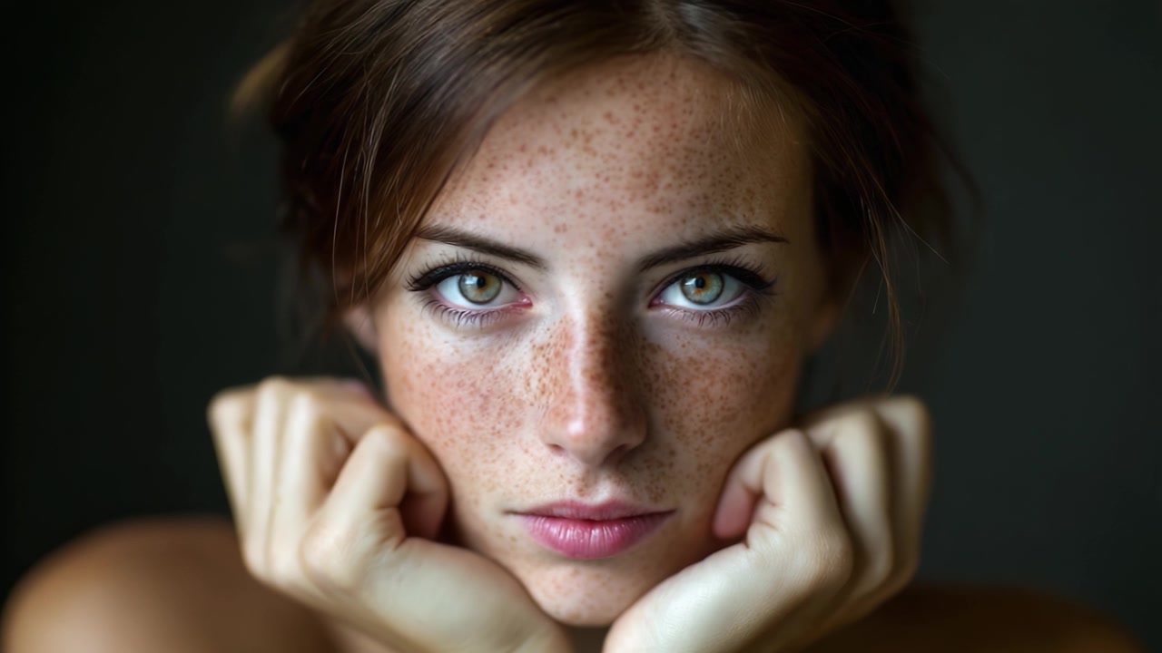 Ritratto accattivante di una giovane donna con lentiggini: una straordinaria rappresentazione della bellezza naturale e dell'intensità nella fotografia ravvicinata