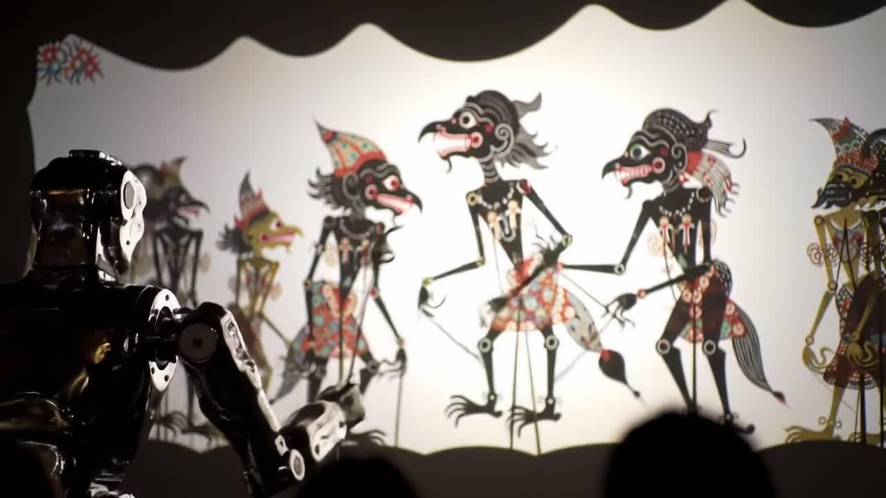 A Mechanical Storyteller: An Advanced Robot Engages with Intricate Shadow Puppetry, Bringing to Life Colorful Characters in an Enchanting Visual Performance
